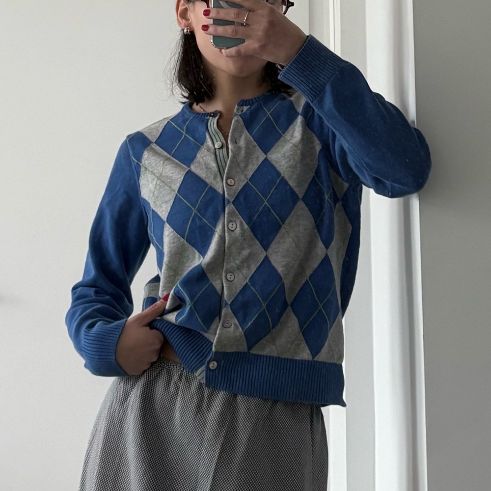 Vintage Lands’ End Blue and Gray Argyle Cardigan